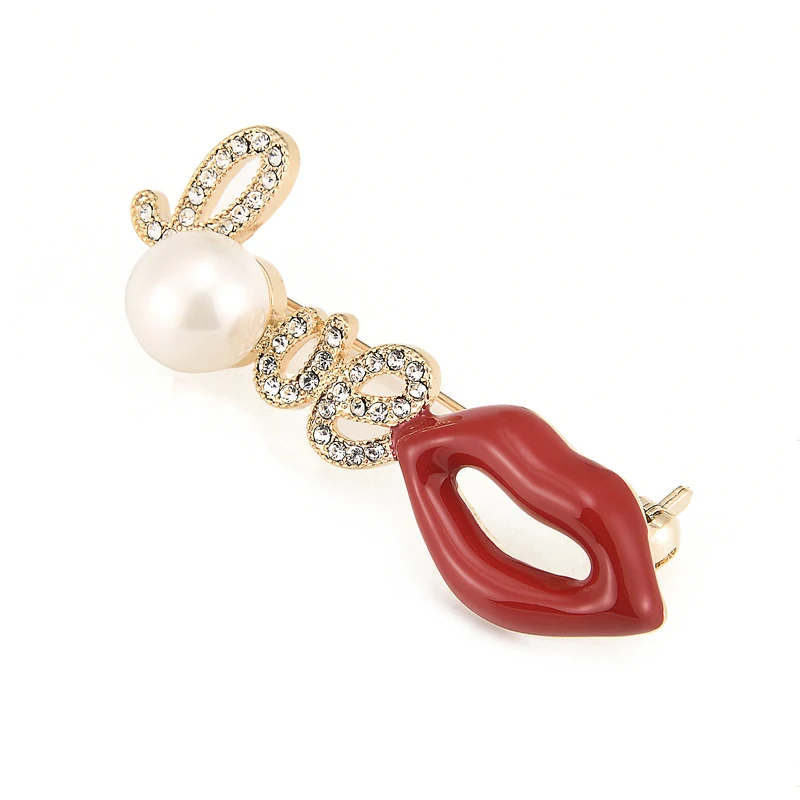 

Wuli&baby "Love" Brooches For Women Simulated Pearl Sparkling Love Red Enamel Lips Wedding Brooches Jewelry Gift For Girl Lovers