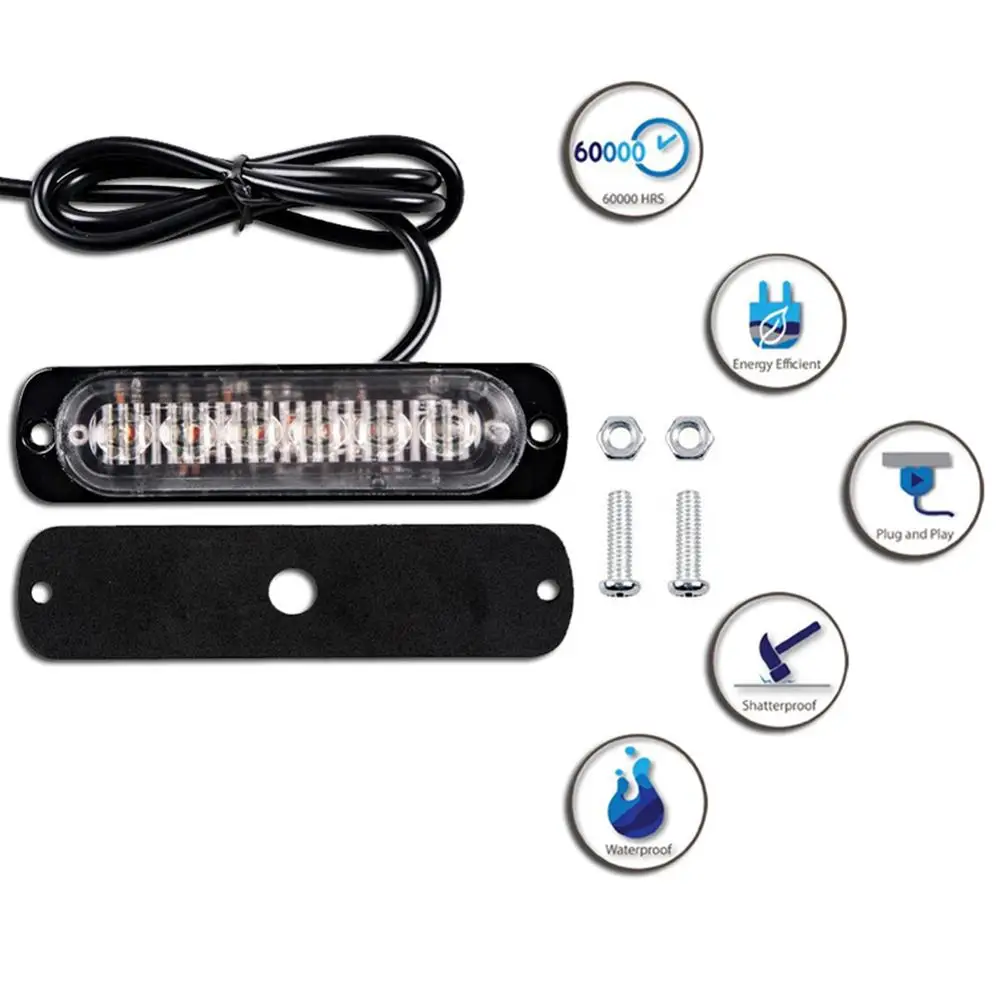 LED Flash Warning Light Surface Mount Amber White  6 LED Warning Emergency Flashing Strobe Light Bar 12V 24V Ultra Thin Slim Strobe LED Light head  Emergency Hazard Beacon Caution Warning Strobe Lights (3)