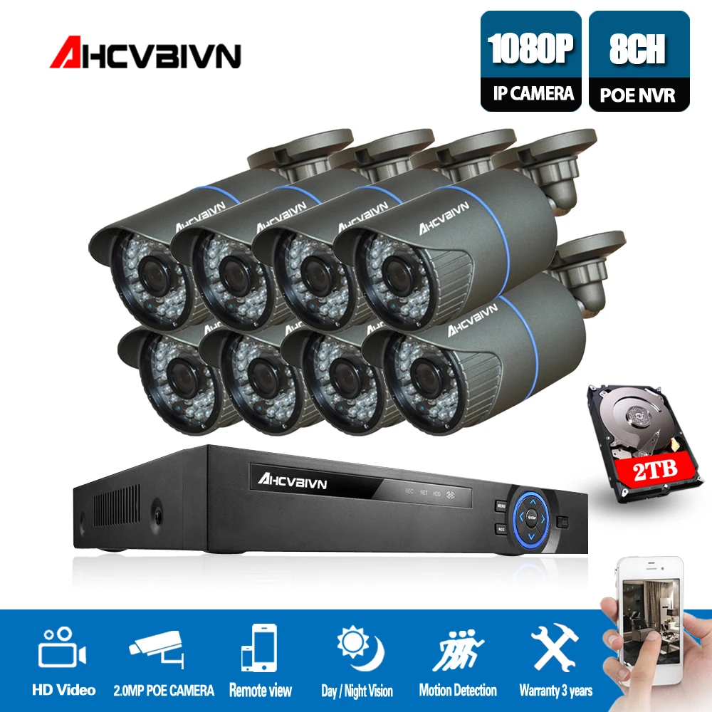 

AHCVBIN 8CH 5MP POE NVR CCTV System Kit with 8PCS 1080P 2MP IR 35M Bullet POE IP Camera Outdoor Security System XMEYE P2P 2TB