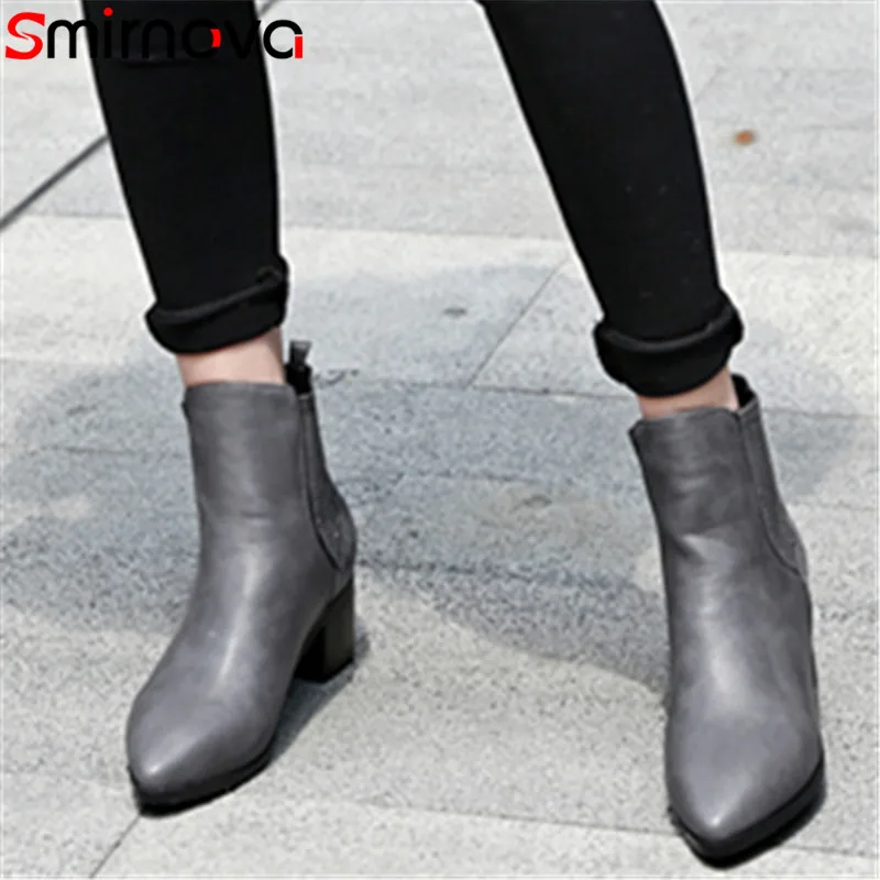 

Smirnova 2018 newest women ankle boots pointed toe high heel boots square heels solid elegant ladies fashion boots