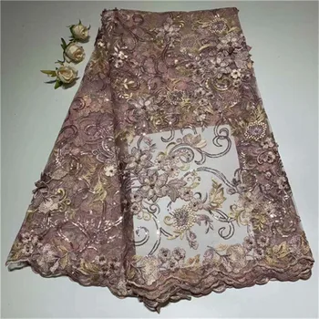 

2019 Golden Shining Sequins French Lace Fabrics With Beads 3D Flowers African Tulle Net Lace Fabric For Wedding Party Dress