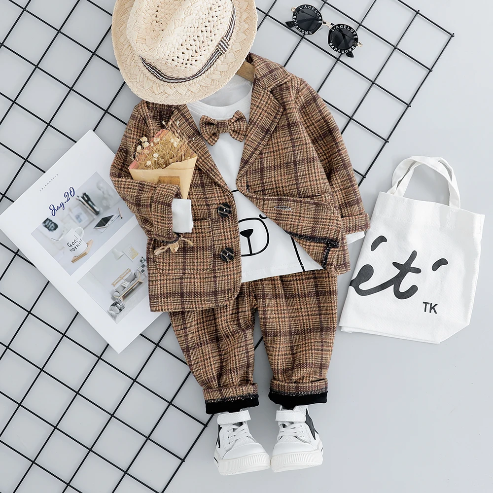 Koop Kid Baby Boy Plaid Pak Kleding Sets 2019 Mode 3 Stuks Peuter Meisjes Baby Pak Voor Jongens Jas + T shirt + Broek 1 4 Y