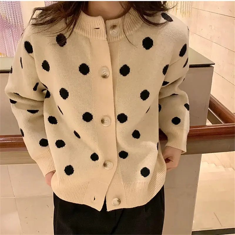 

Alien Kitty Elegant Polka Dots Regular Autumn Preppy Style Student Loose Fresh Knitted Cardigans Simple Full-Sleeved Sweaters