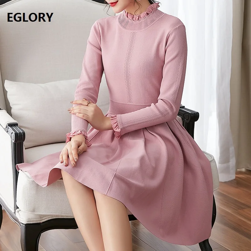 

Knitted Dress 2018 Fall Winter Sweater Dress Ladies Ruffled Collar Hollow Out Knitting Long Sleeve Sweet Pink Dress Pullovers