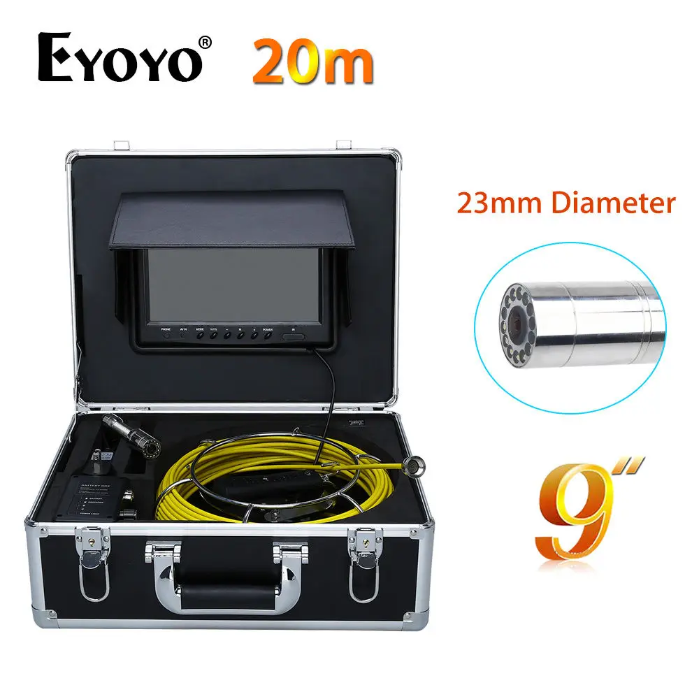 

Eyoyo 20M 9" LCD 23mm Wall Drain Sewer Pipe Line Inspection Camera System Snake Endoscope CMOS 1000TVL HD Color TFT Sun shield