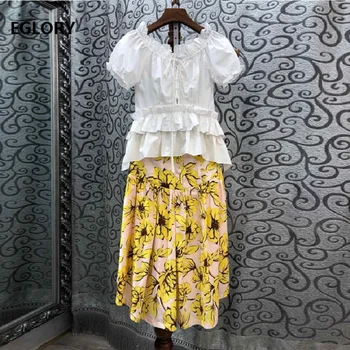 

Top Grade Designer Clothing Sets 2019 Summer Fashion Two Piece Set Women Sexy Cross String White Tops+Flower Print Yellow Skirt