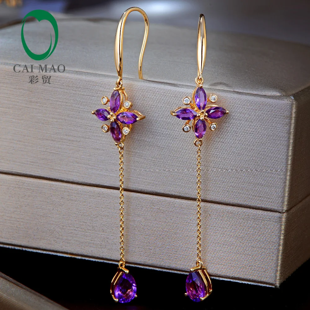 Caimao 2.45ct Purple Amethyst Diamond Dangle 14K Yellow Gold Drop Earrings for Women Fine Jewelry