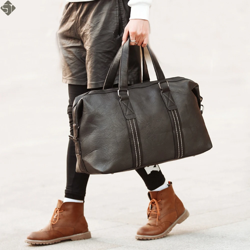 

FUSHAN Men Travel Bags Leather Big Capacity Black Travel Handbag Vintage Brand High Quality Packing Cubes For Business Man