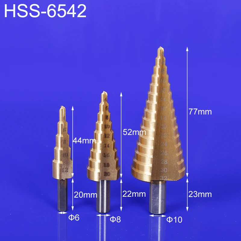 

3Pcs Metric Straight Flute The Pagoda Shape Hole Cutter 4-12/20/32mm HSS Steel Cone Drill Bit Set HSS Steel Step Sharpening