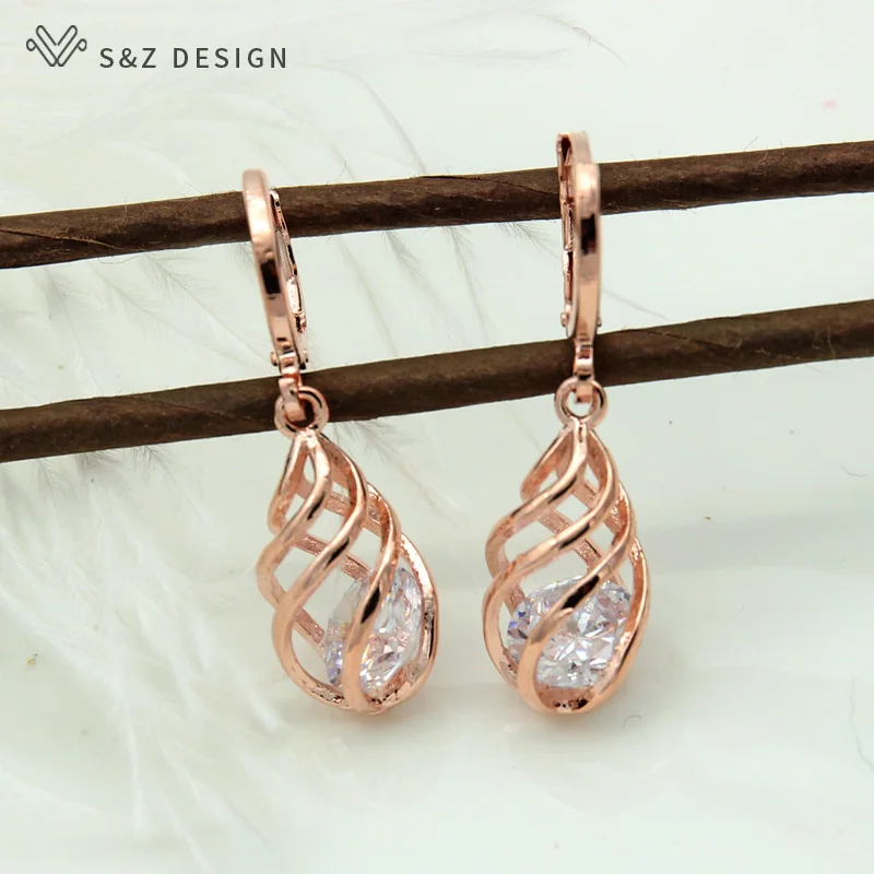 S&Z Spiral Hollow Water Drop Dangle Drop Zircon Earrings 585 Rose Gold Color Jewelry Set For Women Gift Anti-allergy Eardrop