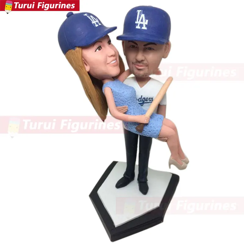 

LA Dodgers Wedding Groom Bride Personalized Wedding Cake Toppers Custom Bobble Head Homeplate Topper Groom Holding Bride Dodgers