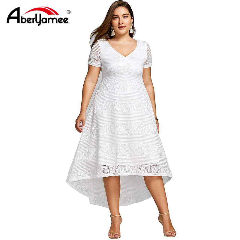 

Women Summer Dress White Lace V-neck Plus Size 5XL Casual Dress Short Sleeve A-Line Female Beach Party Dresses Grace Vintage