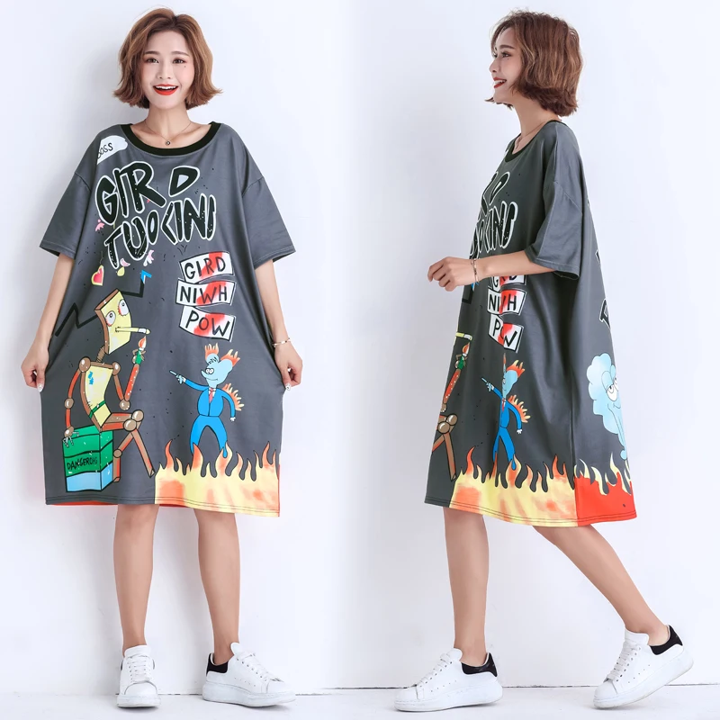 

Summer Plus Size Cotton Ladies T-shirt Dress Cartoon Print Streetwear Women Loose Dress Short Sleeve Female Casual Vestidos WJ22