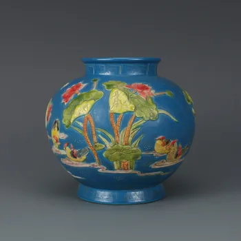 

Antique Chinese Qing Dynasty Small Ceramic Vase fahua colour Mandarin Duck Blue Porcelain Decoration Vase