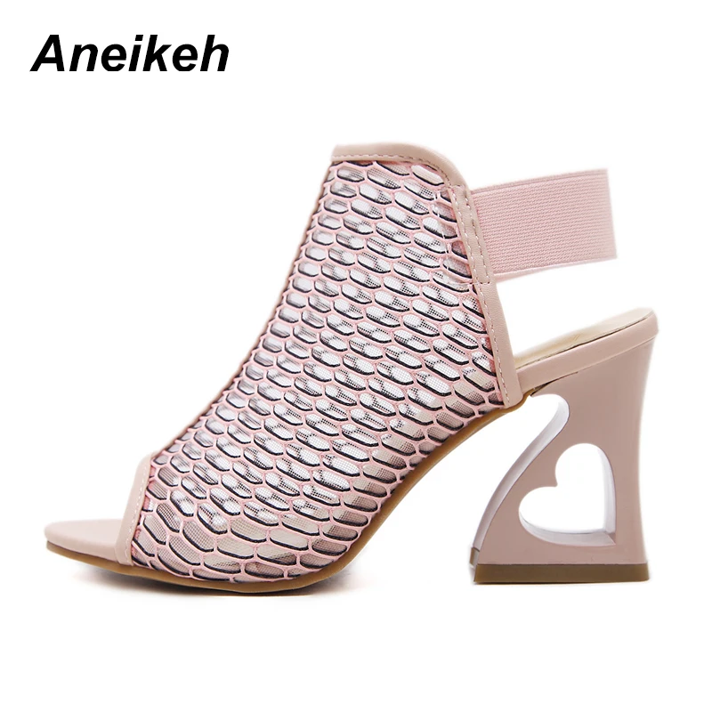 

Aneikeh 2019 PU Fashion Gladiator Sandals Hollow out Round Shoes Square High Heels Sandals Shallow Black Pink Apricot Size 4-9
