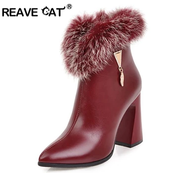 

REAVE CAT Autumn Winter Ankle boots Rabbit fur Warm shoes High heels Hoof heel Thick heel Pointed toe Brand boots Zipper A111