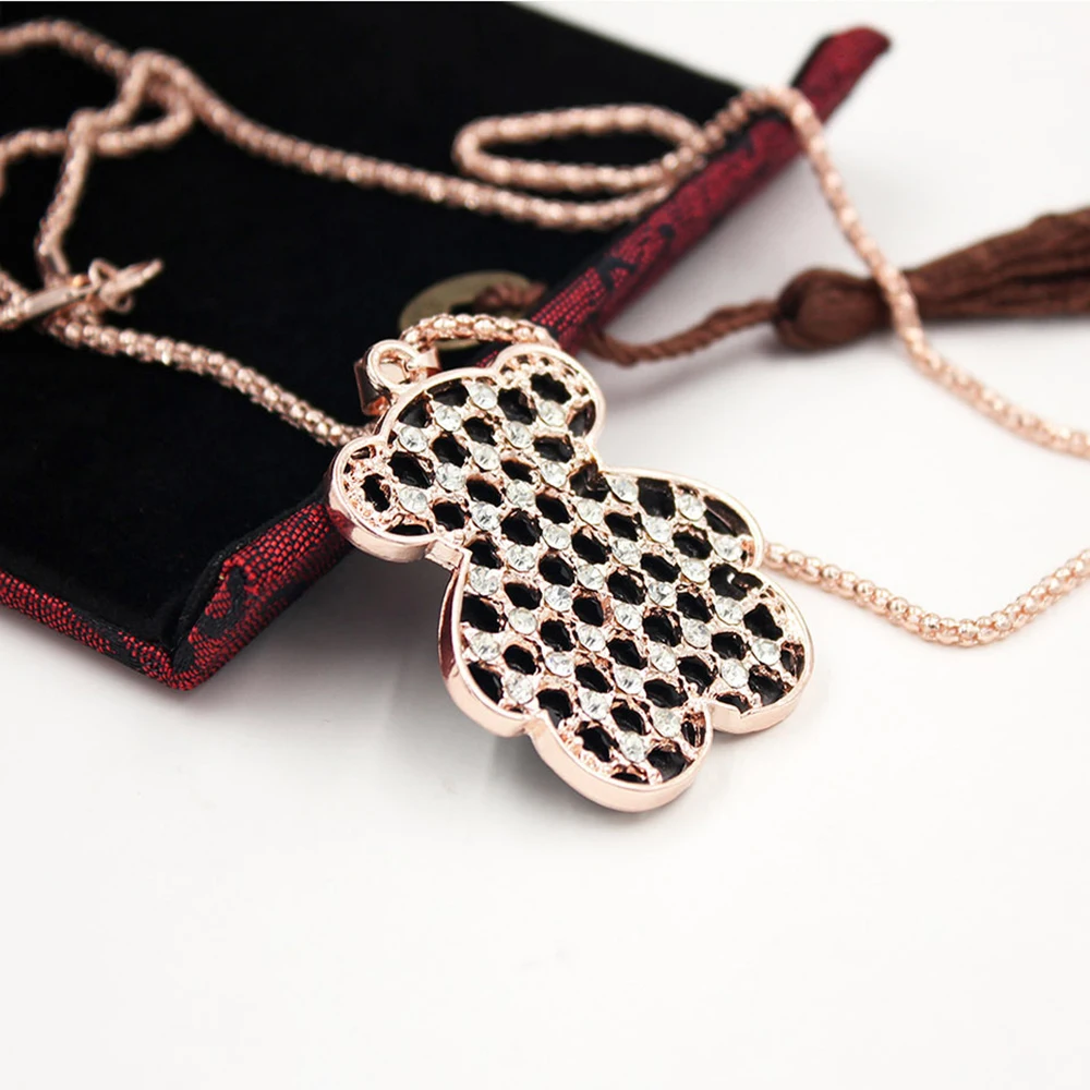 

3 Colors Full Shiny Crystal Cute Bear Pendant Necklace For Women Stainless Steel Chain Rose Gold Necklaces Bijoux Femme