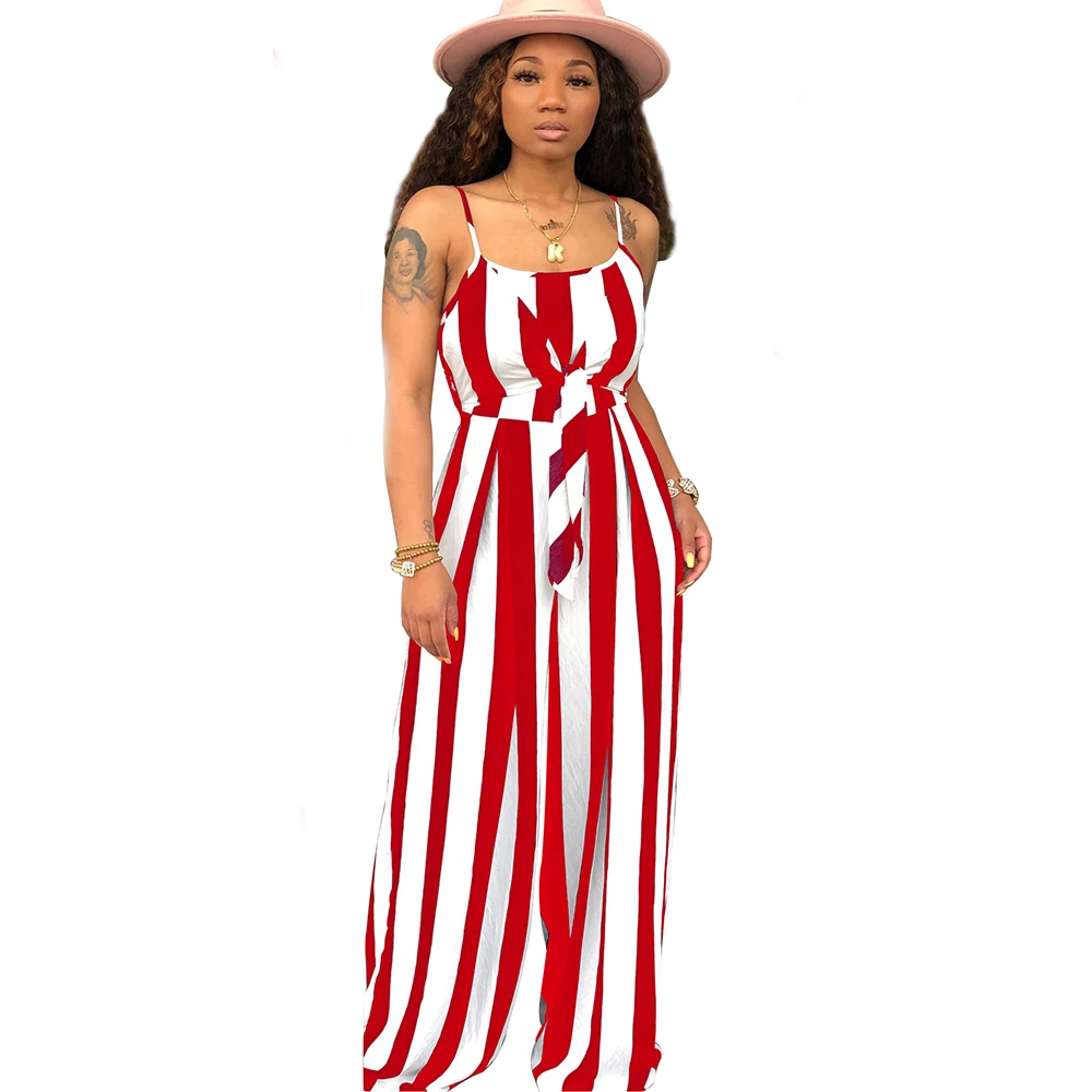 

Elegant Vertical Stripes Print Jumpsuit Women Casual Lace Up Bandage Wide Leg Long Pants Overalls For Women Sexy Jumpsuit Romper
