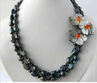 

HOT 0015301 2Strands 9mm Black Baroque Freshwater Pearl Shell Flower Necklace