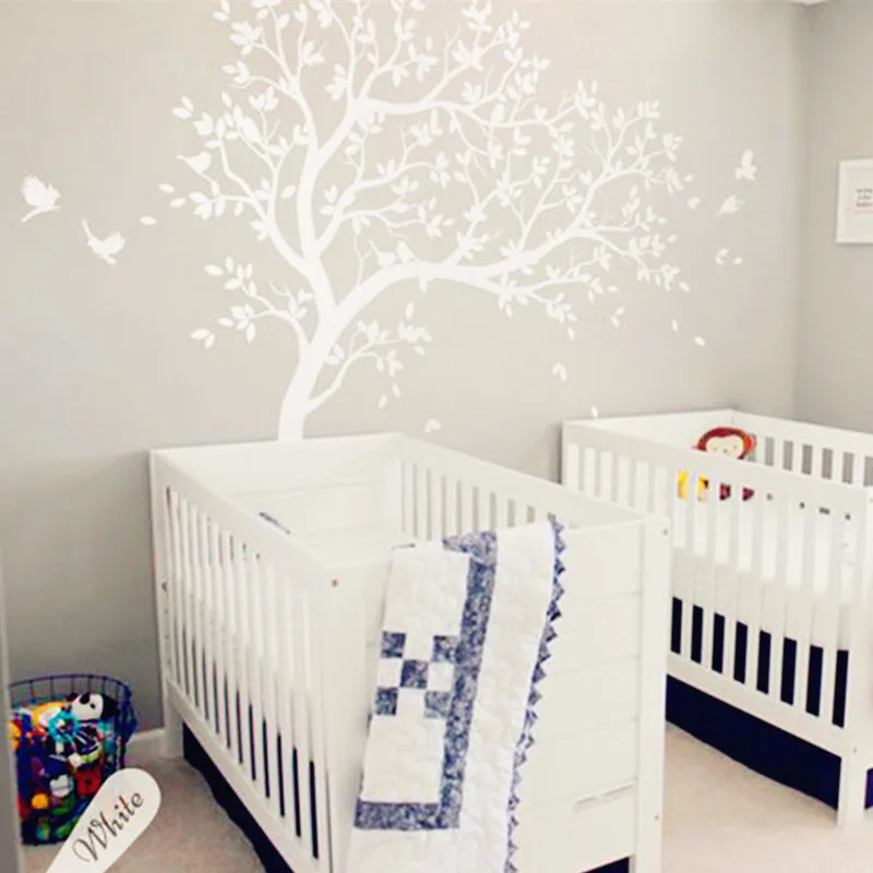 

White Tree Decals Huge Nursery Tree With Birds Sticker - Removable Vinyl Wall Art Home Decor Baby Nursery Bedroom Decoration