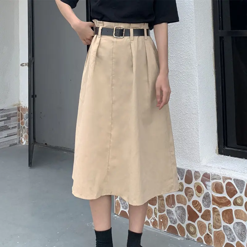 Женская летняя хлопковая Однотонная юбка с поясом, трапециевидная юбка средней длины с эластичной резинкой на талии, Повседневная белая юбка в стиле бохо для школьниц