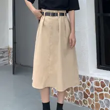 Женская летняя хлопковая Однотонная юбка с поясом, трапециевидная юбка средней длины с эластичной резинкой на талии, Повседневная белая юбка в стиле бохо для школьниц