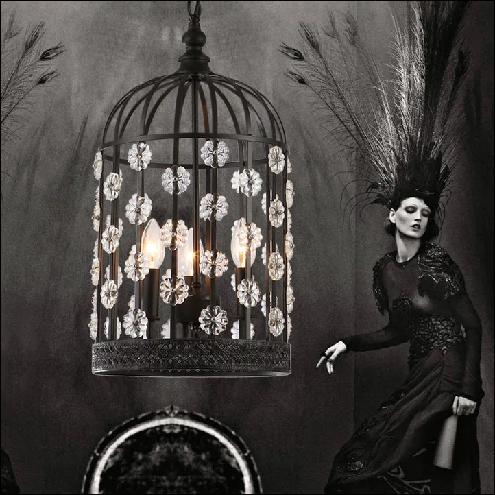 Nordic America creative vintage rural style retro rustic cage flowers crystal pendant lamp with iron flower border design | Лампы и