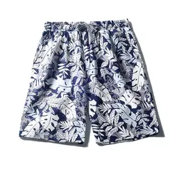 2019 хлопок лен Для мужчин летние пляжные шорты плюс Размеры Повседневное свободные Голубые Листья Печатных Середины Прямые брюки, брюки L413A