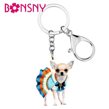 

Bonsny Acrylic Cute Blue Skirt Chihuahua Dog Keychain Key Rings Fashion Design Pet Jewelry For Women Girls Lovers Charm Gift