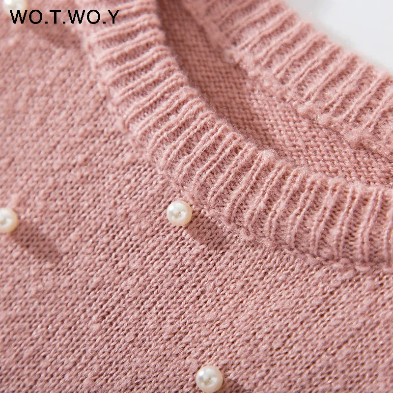 WOTWOY Pearl Beading Cashmere Sweater Women Pullover Knitted Long Sleeve Autumn Winter Sweaters Women Knit Top Femme Jumper 2018 Sweaters