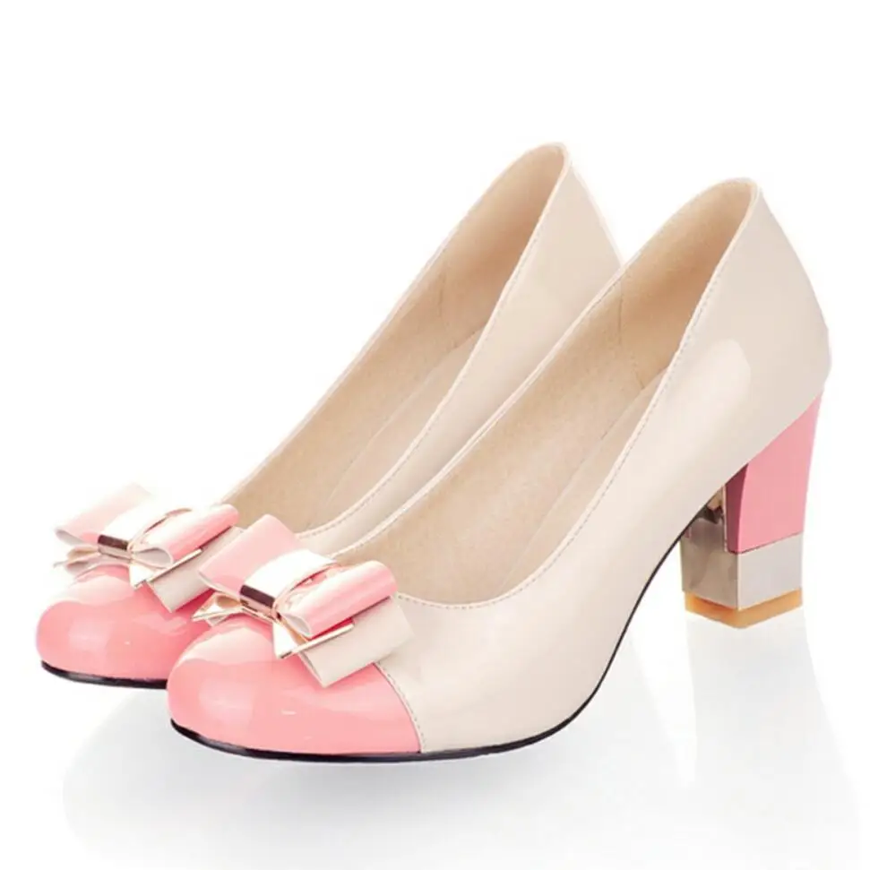 

ASILETO big size 43 Candy Color Women Pumps with bows Shallow Block High Heels Shoes Pink Working wedding bride footwear RL3469