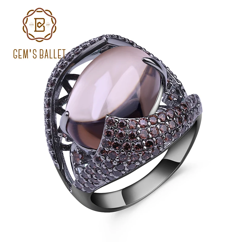 

GEM'S BALLET Oval Natural Smoky Quartz Ring Genuine 925 Sterling Sliver Vintage Gothic Punk Rings For Women Party Fine Jewelry