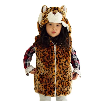 

DOUBCHOW Cosplay Costume Animal Vest Children's Cartoon Leopard Winter Hooded 2017 Kids Girls Plush Outwear Coat Fleece Inside