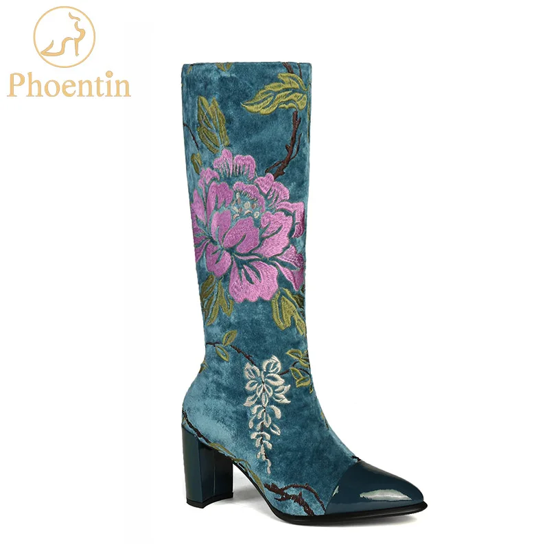 Phoentin/женские ботинки с цветочной вышивкой; коллекция года; модные синие ботинки до середины икры на молнии; обувь на высоком каблуке в стиле пэчворк; женская обувь; FT586