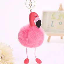 2017 Cute Pink Fluffy Pompom Flamingo Keychain Women Faux Rabbit Fur Ball Pompon Key Chain Car Bag  Pom Pom Key Rey Ring Holder