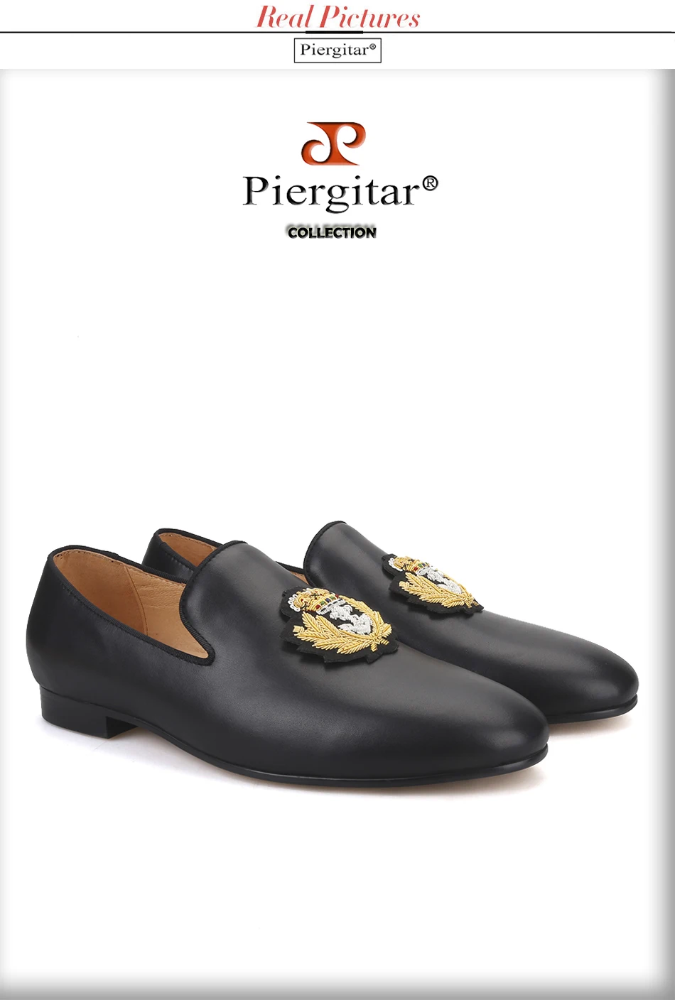 Piergitar New Cow leather men loafers with gold luxurious India embroidery party and wedding men's dress shoes smoking slippers