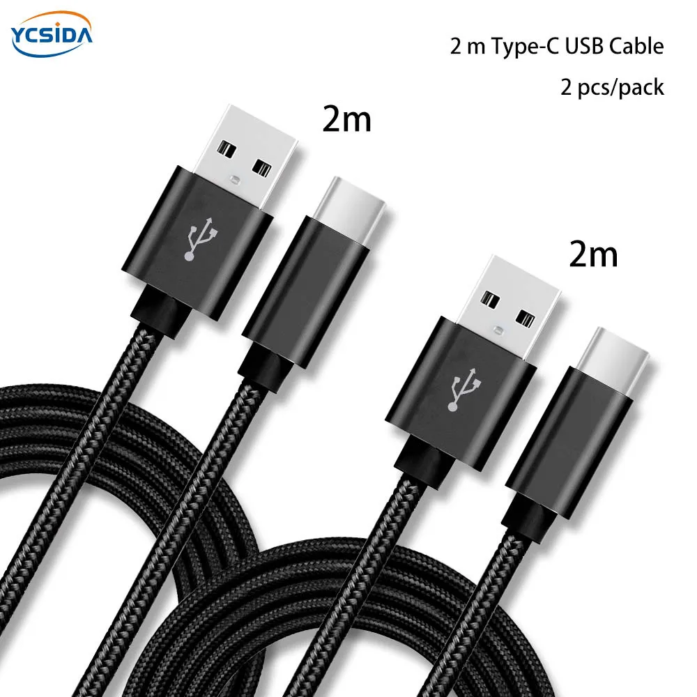 Розовый 2 м 2 шт./упак. 2.4A Тип C USB-C для передачи данных в нейлоновой Зарядное устройство кабель для samsung S10/LG G6/huawei P30/xiao Mi 8/OPPO R17/vivo NEX кабель - Тип штекера: Black 2m 2pcs