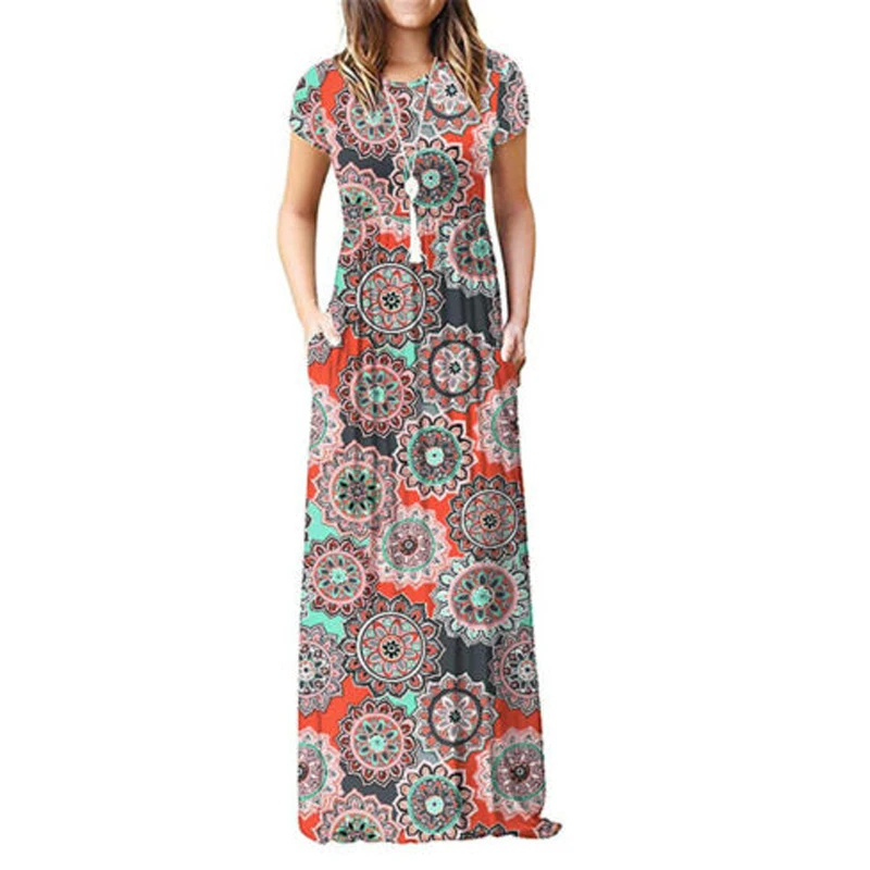 

Women Short Sleeve Boho Floral Long Dress Kaftan Ladies Summer Party Maxi Dresses Holiday Plus Size S-2XL