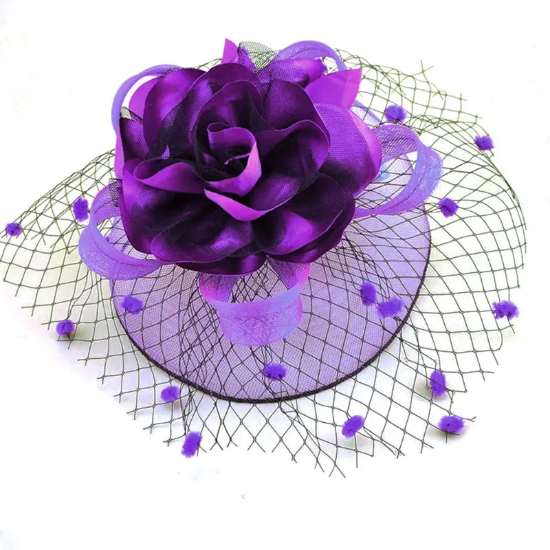 Шляпа с сеткой для девочек, свадебные головные уборы, элегантные ленты с большим цветком, одноцветные, маленькие плюшевые заколки для волос для невесты