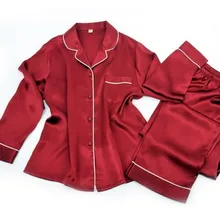Новая шелковая пижама, женские брюки с длинным рукавом, шелковые рубашки, лацкан красный шелк Домашняя одежда 2