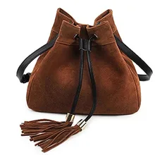 Винтажная стильная Замшевая сумка-мешок из воловьей кожи, женская сумка-мессенджер с кисточками, Сумка через плечо, рюкзак, застежка на веревке