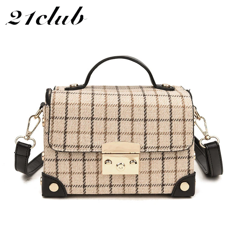 

21club brand ladies woolen cloth box totes small flap plaid rivet party shopping women handbag crossbody shoulder messenger bags