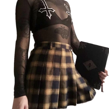 

Harajuku Women Fashion Skirts Cute Gradient Yellow Black Lattice Pleated Skirt Punk Style High Waist Female Skirt for Lady
