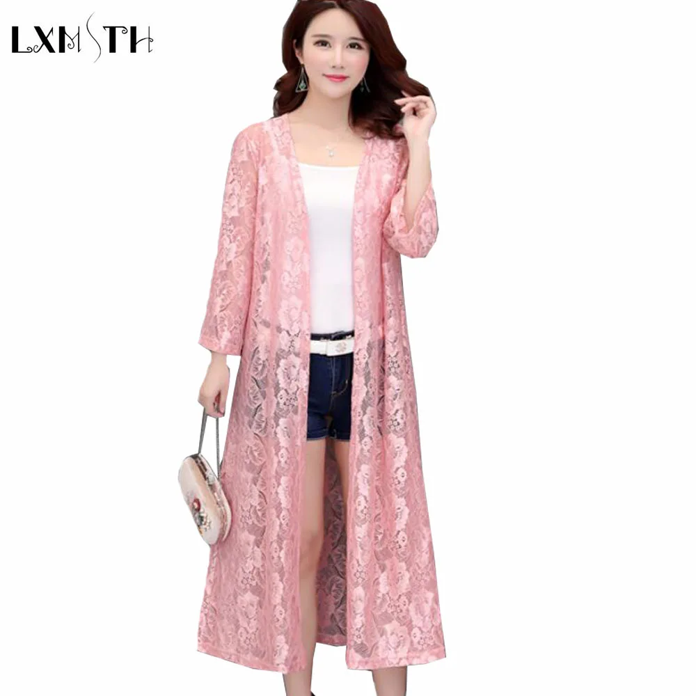 

LXMSTH Summer Long Lace Cardigans Women V-Neck Hollow Out Loose Lace Shirt Plus Size Cardigan Fashion Beach Sunscreen Clothing