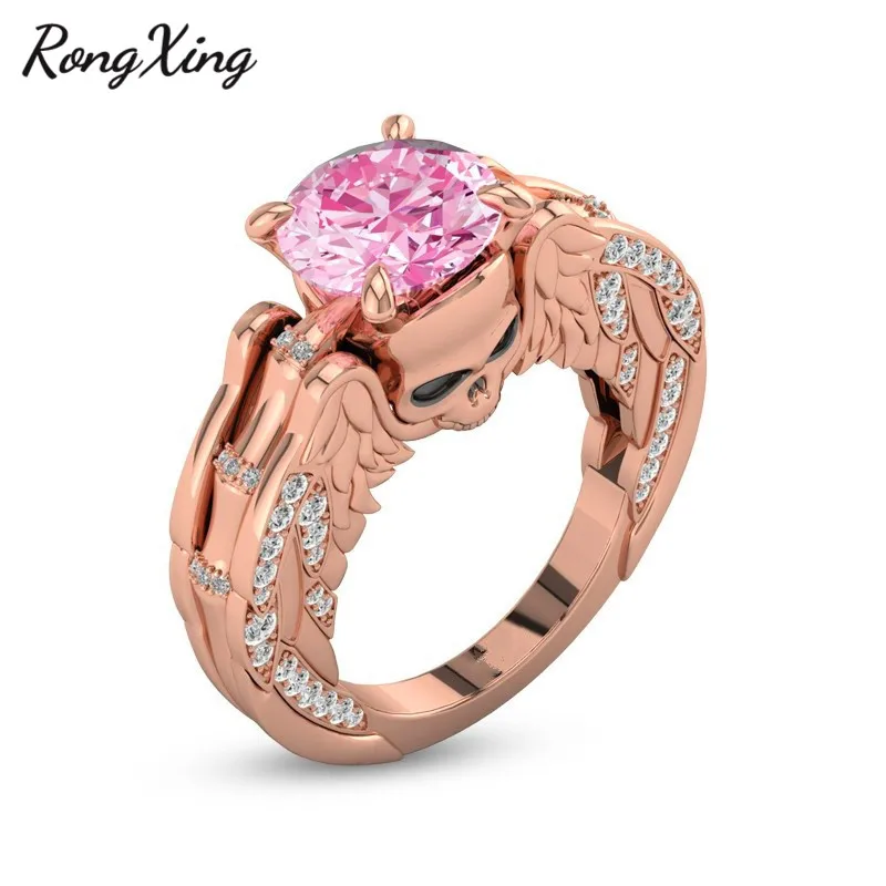 

RongXing Vintage Punk Skull Ring Rose Gold Filled Pink Round Zircon Rings For Women Fashion Halloween Birthstone Jewelry ZR0001