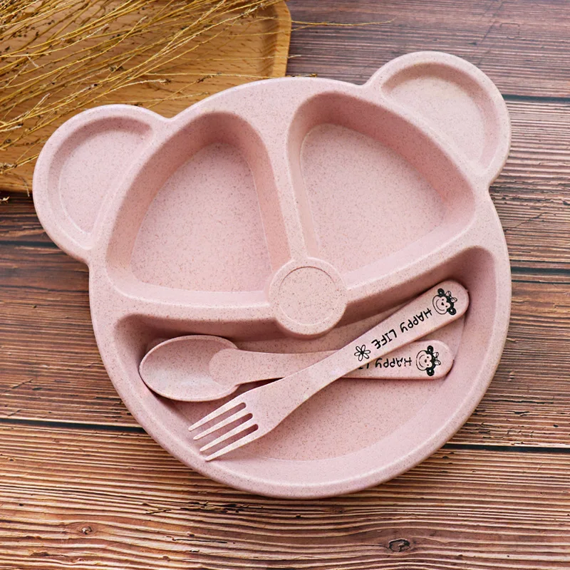 3Pcs Baby Bamboo Tableware bowl+spoon+ fork Feeding Food Tableware Cartoon Panda Kids Dishes Eating Dinnerware Anti-hot Trainin - Цвет: pink