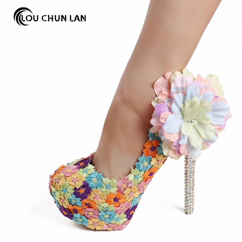 

LOUCHUNLAN Women Pumps Appliques Wedding summer Sweet Round Toe Free Shipping Party Leather dress shoes Drop Shipping