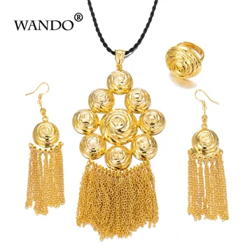 

wandoEthiopian set Jewelry Hollow out Pendant Necklace Earring Gold African Bridal Wedding Arab mother girlsgift DIY charms WS40