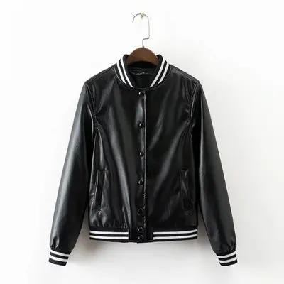 Most effective  Wholesale New Stylish Metal Textured Women Baseball Tops Black Bright PU Faux Leather Bomber Jacket