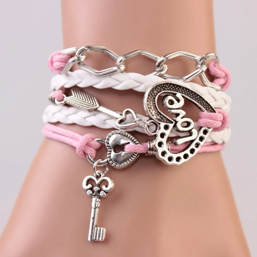 2016 New Handmade Bracelet Lock key Cupid's Arrow Charms Infinity Bracelet White Pink Leather Bracelet Women Best Couple Gift